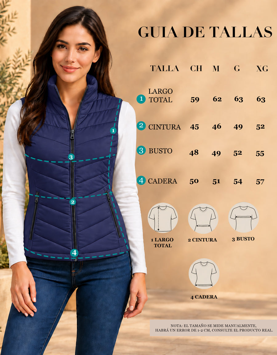 Chaleco Acolchado Mujer Ligero e Impermeable · Cuello Alto color Azul Marino
