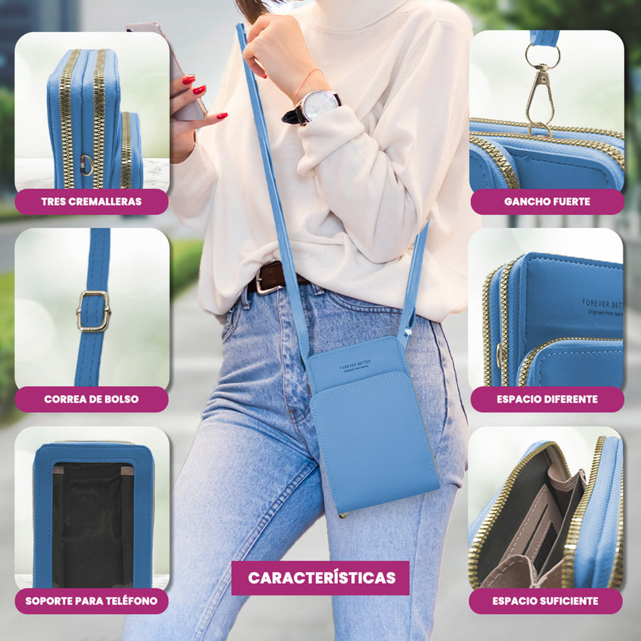 Bolsa Crossbody para Celular Mujer con Cierre y Correa Ajustable 18 × 10.5 cm color Azul
