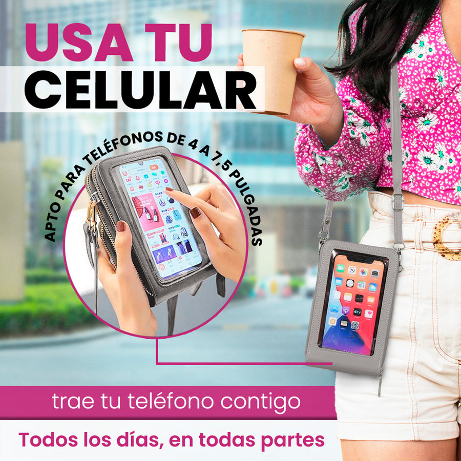 Bolsa Crossbody para Celular Mujer con Cierre y Correa Ajustable 18 × 10.5 cm color Gris