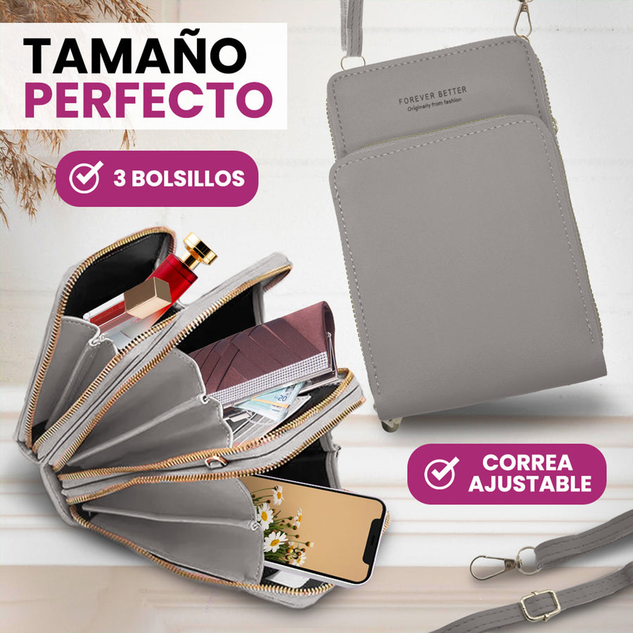 Bolsa Crossbody para Celular Mujer con Cierre y Correa Ajustable 18 × 10.5 cm color Gris