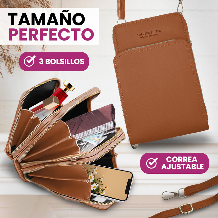 Bolsa Crossbody para Celular Mujer con Cierre y Correa Ajustable 18 × 10.5 cm color Café