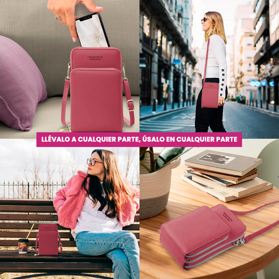 Bolsa Crossbody para Celular Mujer con Cierre y Correa Ajustable 18 × 10.5 cm color Rosa Oscuro