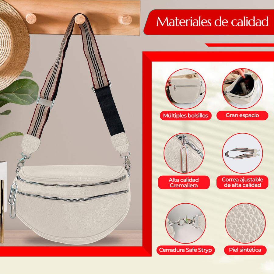 Riñonera Bandolera Mujer de Piel Sintética · Doble Cierre y Correa Ancha Ajustable color Blanco