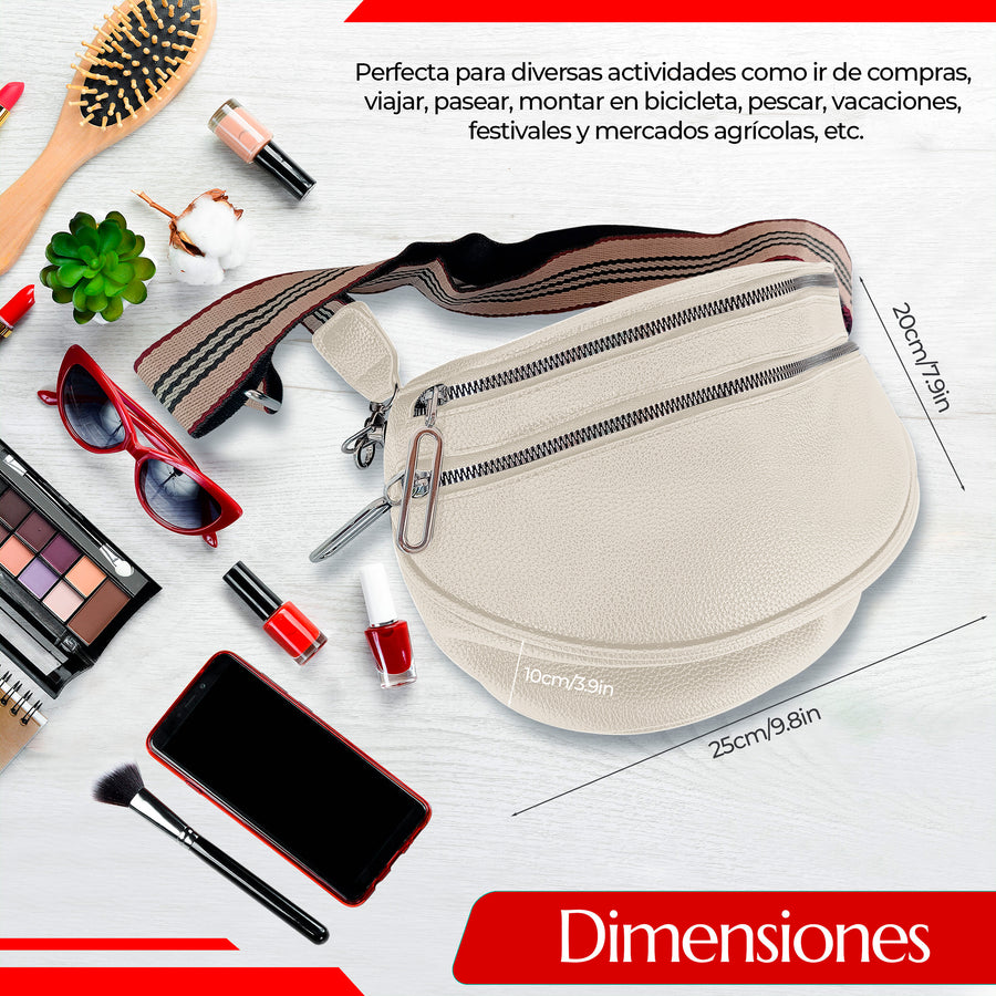 Riñonera Bandolera Mujer de Piel Sintética · Doble Cierre y Correa Ancha Ajustable color Blanco