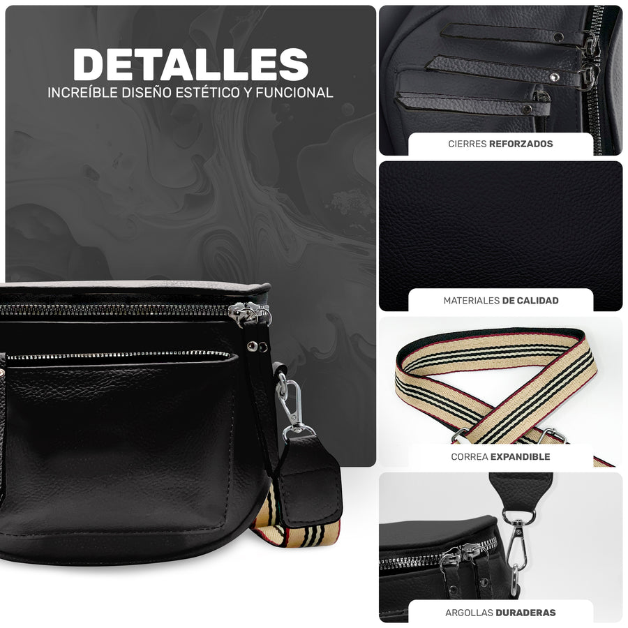 Bolsa Cruzada Mujer de Piel Sintética · Correa Ancha Ajustable 80 a 140 cm · 25 × 20 cm color Negro