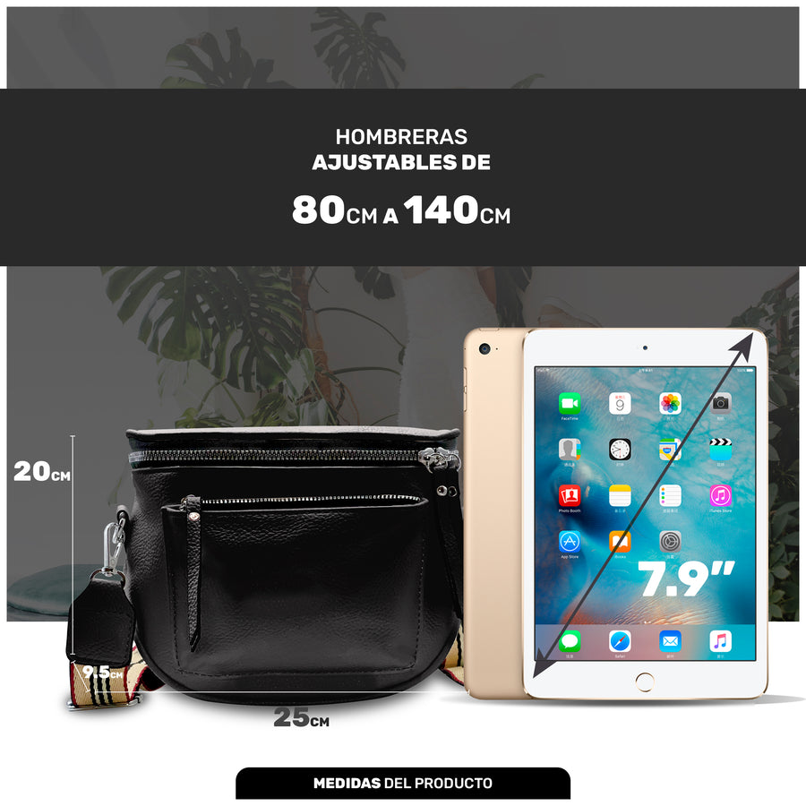 Bolsa Cruzada Mujer de Piel Sintética · Correa Ancha Ajustable 80 a 140 cm · 25 × 20 cm color Negro