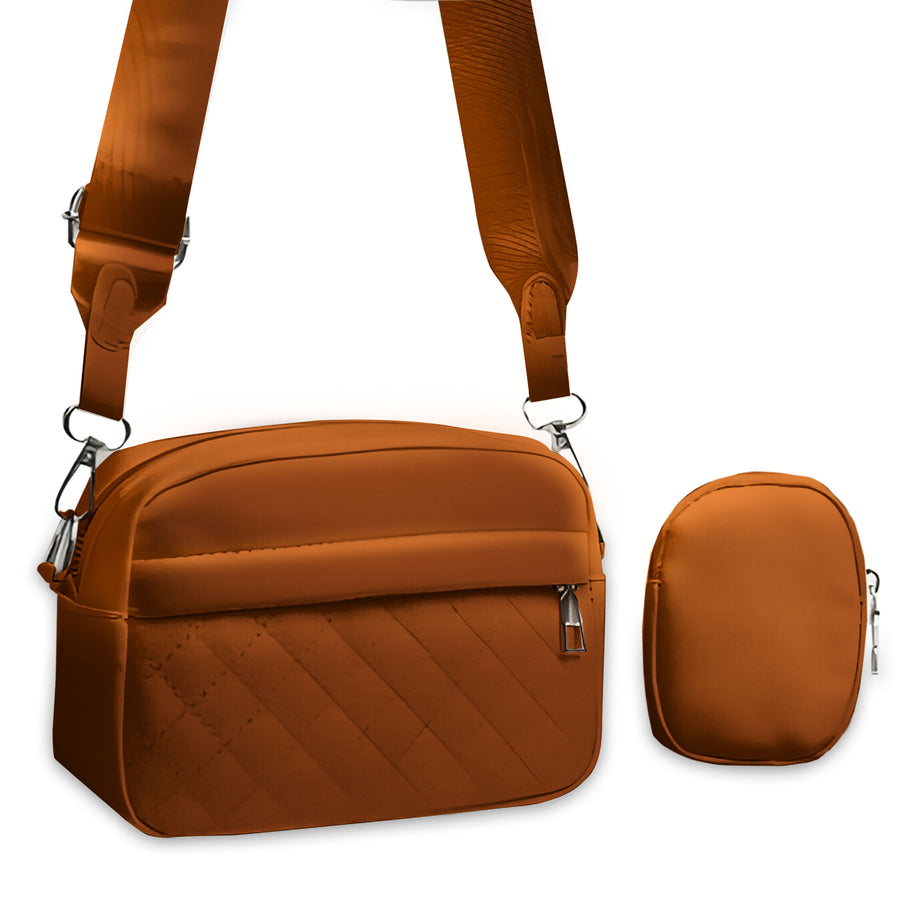 Bolso de Hombro Acolchado para Mujer con Monedero · Correa Ancha · Gran Capacidad color Camel