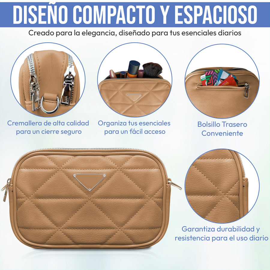Bolsa Crossbody Acolchada para Mujer · Correa Ajustable · Compacta y Elegante color Camel