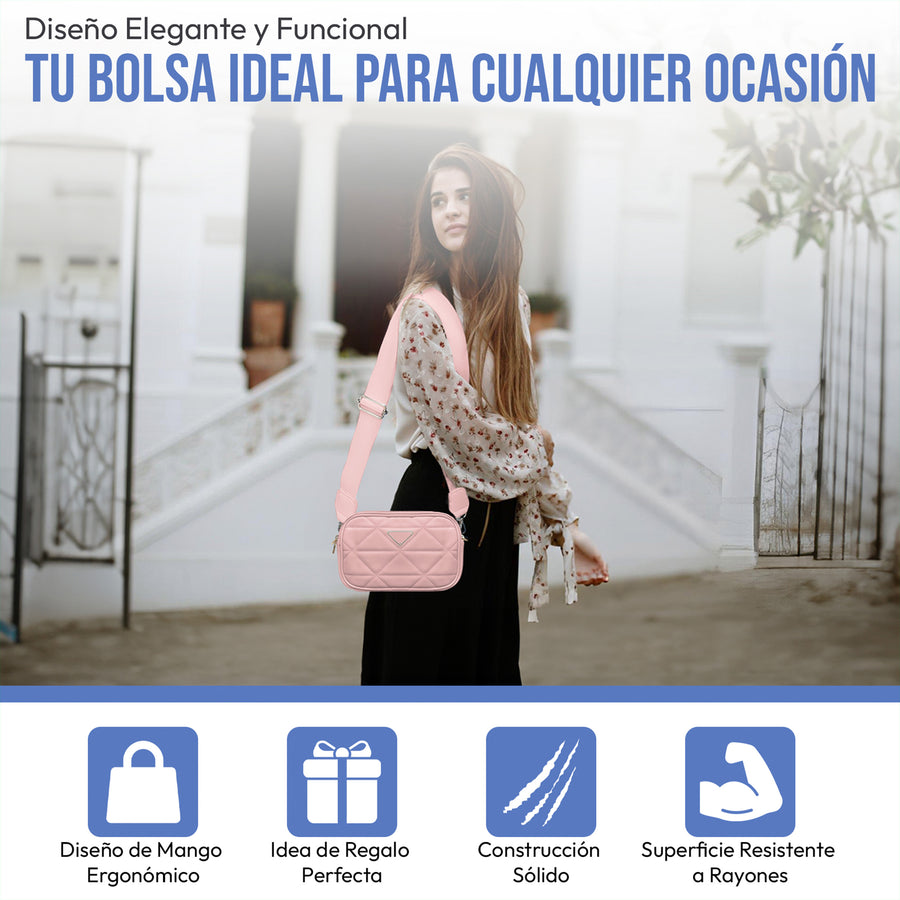 Bolsa Crossbody Acolchada para Mujer · Correa Ajustable · Compacta y Elegante color Rosa