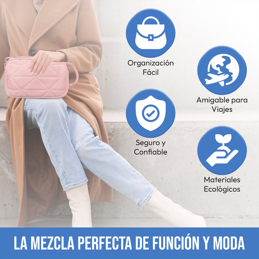Bolsa Crossbody Acolchada para Mujer · Correa Ajustable · Compacta y Elegante color Rosa