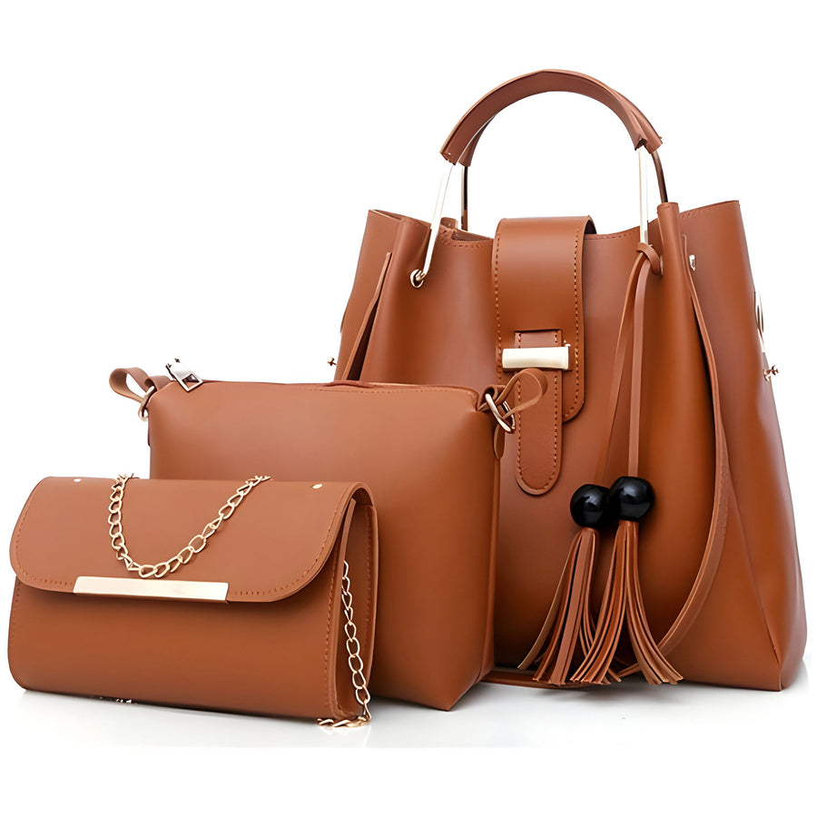 Set de 3 Bolsos para Mujer de Piel Sintética · Bolsa Grande, Crossbody y Clutch color Café
