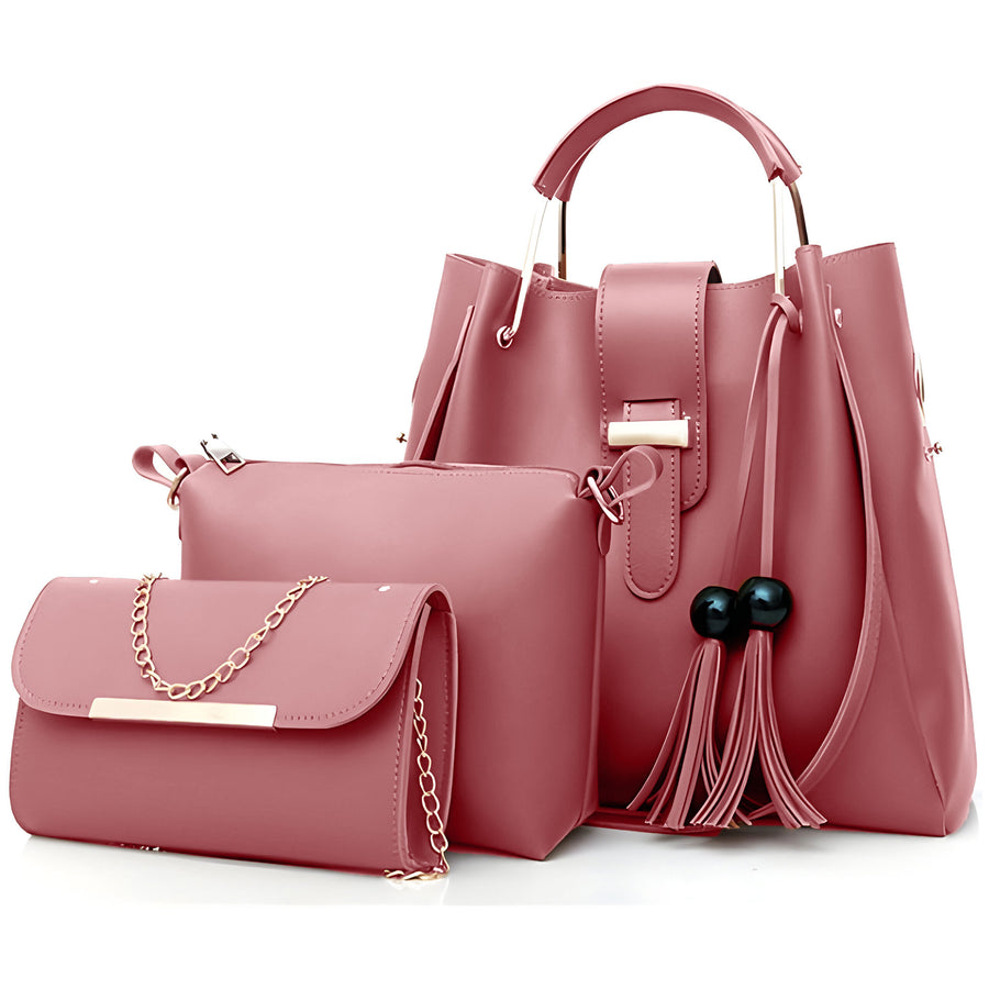 Set de 3 Bolsos para Mujer de Piel Sintética · Bolsa Grande, Crossbody y Clutch color Rosa