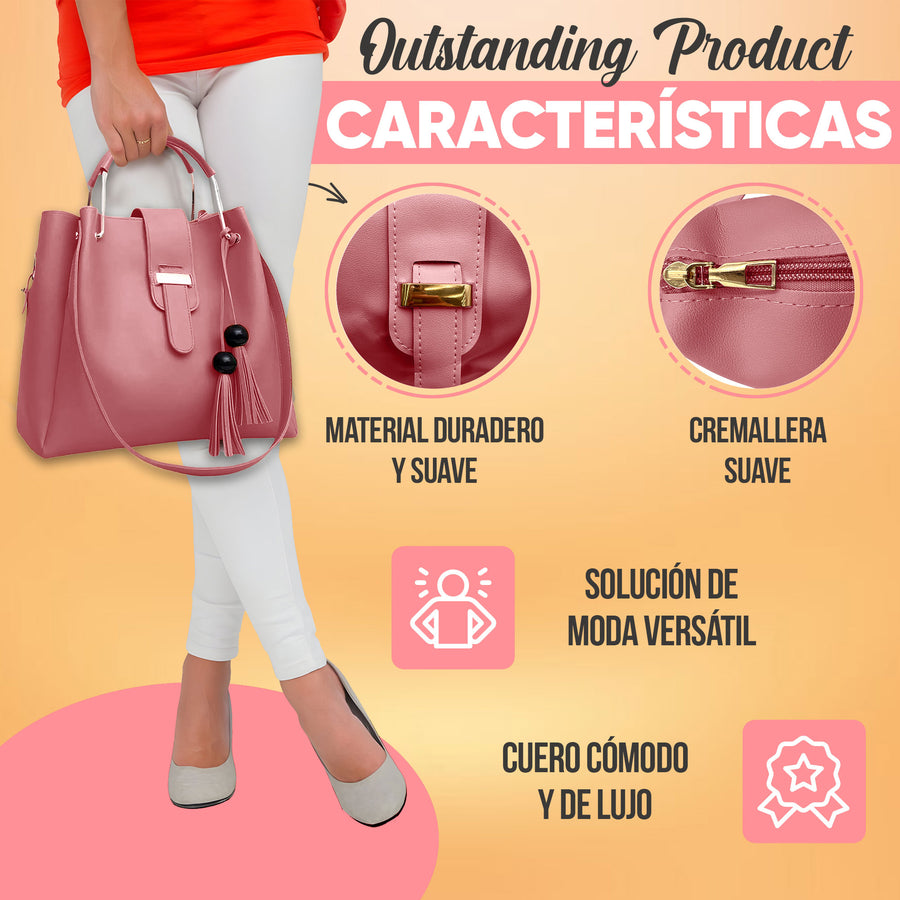 Set de 3 Bolsos para Mujer de Piel Sintética · Bolsa Grande, Crossbody y Clutch color Rosa