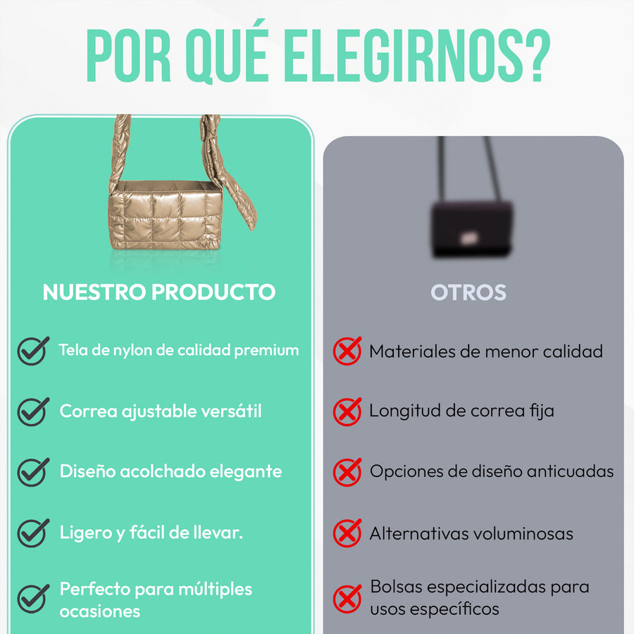 Bolsa Acolchada Mujer Tipo Puffer · Correa Ajustable y Cierre con Imán · 24.5 × 15 cm color Dorado