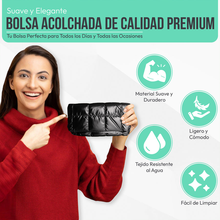 Bolsa Acolchada Mujer Tipo Puffer · Correa Ajustable y Cierre con Imán · 24.5 × 15 cm color Negro