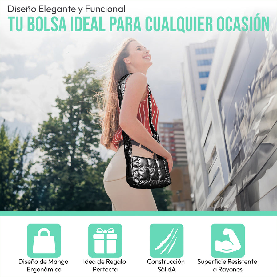 Bolsa Acolchada Mujer Tipo Puffer · Correa Ajustable y Cierre con Imán · 24.5 × 15 cm color Negro