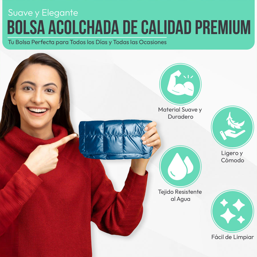 Bolsa Acolchada Mujer Tipo Puffer · Correa Ajustable y Cierre con Imán · 24.5 × 15 cm color Azul Marino