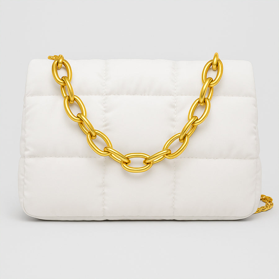 Bolsa Acolchada Mujer con Cadena Dorada · Bandolera 25 × 16 cm color Blanco