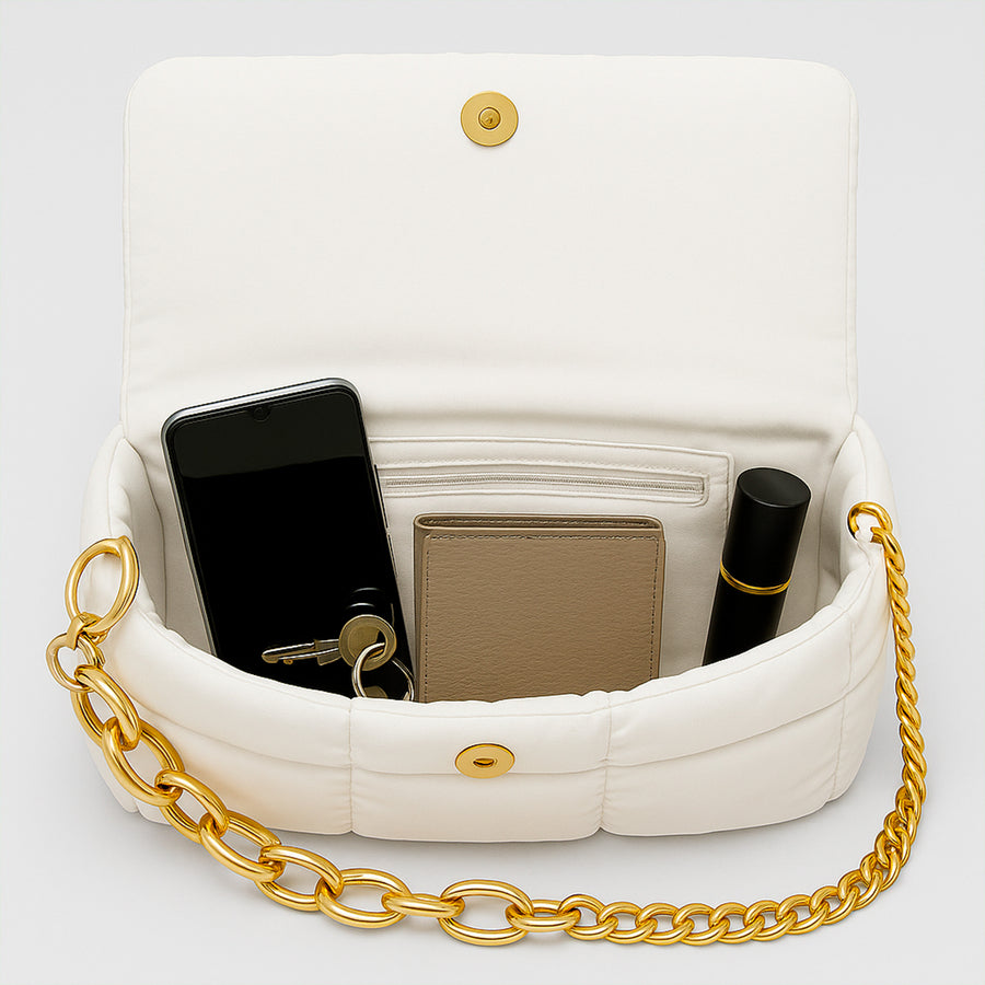 Bolsa Acolchada Mujer con Cadena Dorada · Bandolera 25 × 16 cm color Blanco