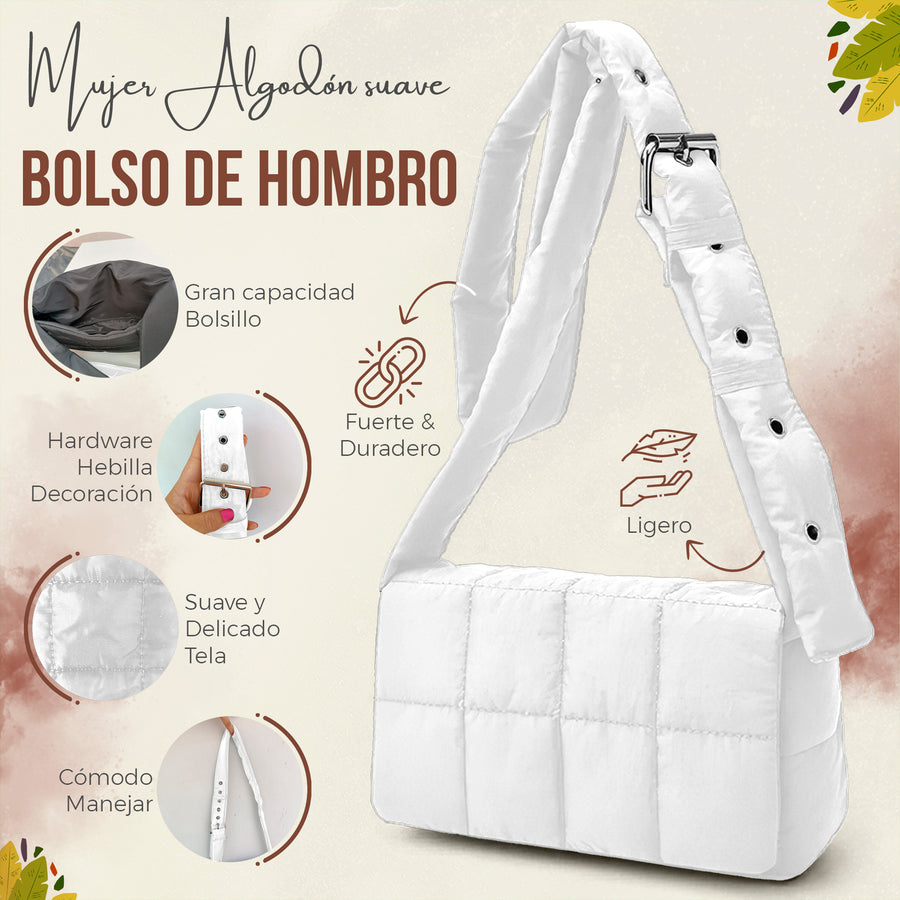 Bolso de Hombro Acolchado Mujer · Correa Ancha Ajustable · Gran Capacidad color Blanco