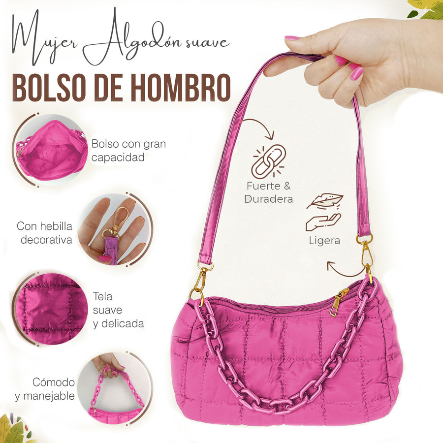 Bolsa de Hombro Acolchada con Cadena · Bolsa Puffer Mujer con Correa Larga color Rosa