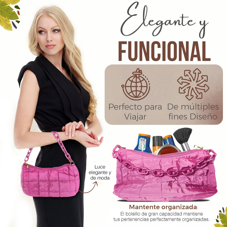 Bolsa de Hombro Acolchada con Cadena · Bolsa Puffer Mujer con Correa Larga color Rosa