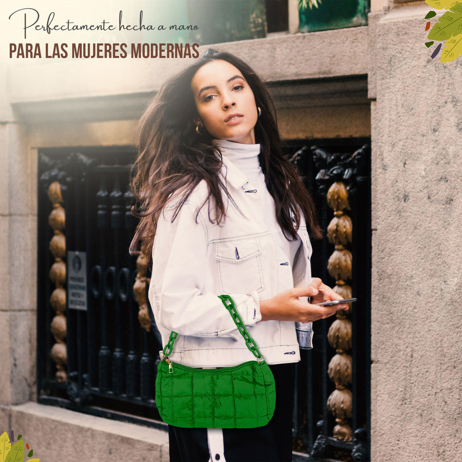 Bolsa de Hombro Acolchada con Cadena · Bolsa Puffer Mujer con Correa Larga color Verde