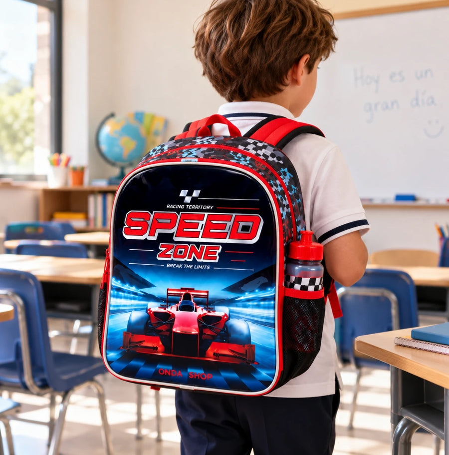 Mochila Escolar y Casual 40 × 30 × 15 cm · Diseño Speed Zone (carreras)