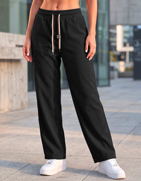 Pantalón Palazzo Mujer Tipo Pana Wide Leg Tiro Alto con Cordón color Negro
