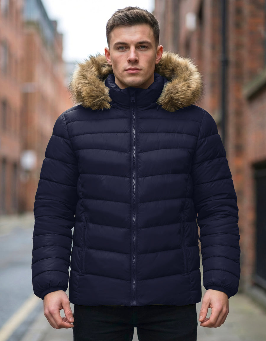 Chamarra Puffer Hombre con Capucha de Peluche · Acolchada y Térmica · CH a XG color Azul Marino