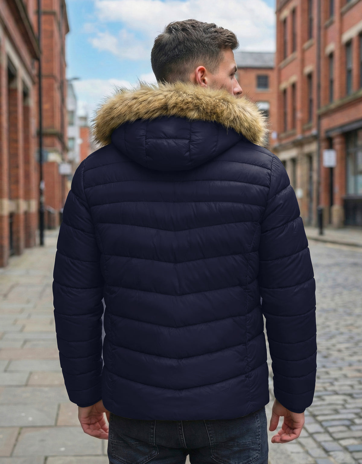 Chamarra Puffer Hombre con Capucha de Peluche · Acolchada y Térmica · CH a XG color Azul Marino