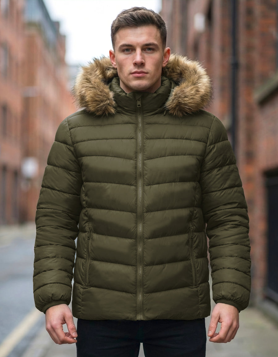 Chamarra Puffer Hombre con Capucha de Peluche · Acolchada y Térmica · CH a XG color Verde Militar
