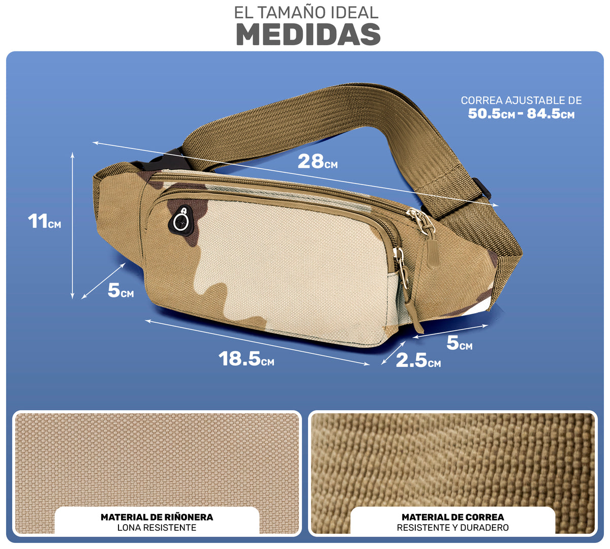 Cangurera Riñonera Deportiva Camuflaje · 3 Bolsillos y Salida para Audífonos color Camuflaje Arena