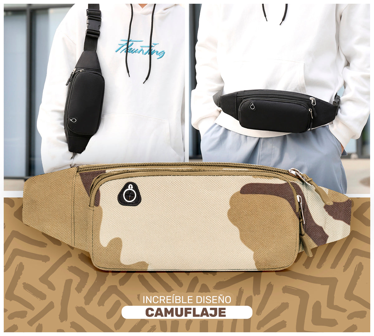 Cangurera Riñonera Deportiva Camuflaje · 3 Bolsillos y Salida para Audífonos color Camuflaje Arena