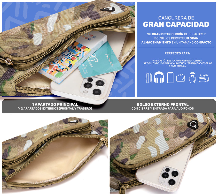 Cangurera Riñonera Deportiva Camuflaje · 3 Bolsillos y Salida para Audífonos color Camuflaje Verde