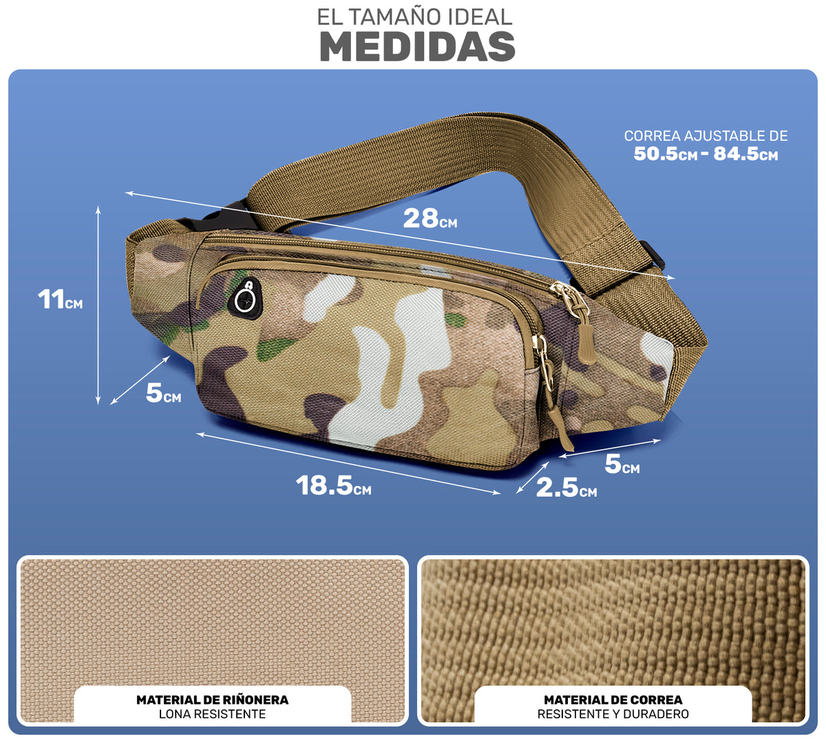 Cangurera Riñonera Deportiva Camuflaje · 3 Bolsillos y Salida para Audífonos color Camuflaje Verde