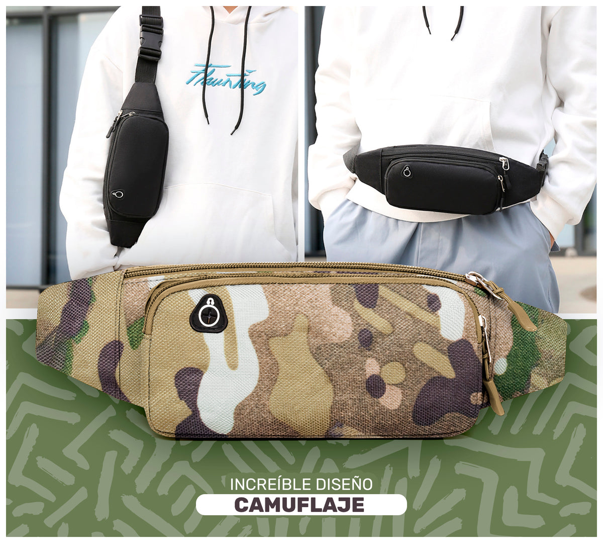 Cangurera Riñonera Deportiva Camuflaje · 3 Bolsillos y Salida para Audífonos color Camuflaje Verde
