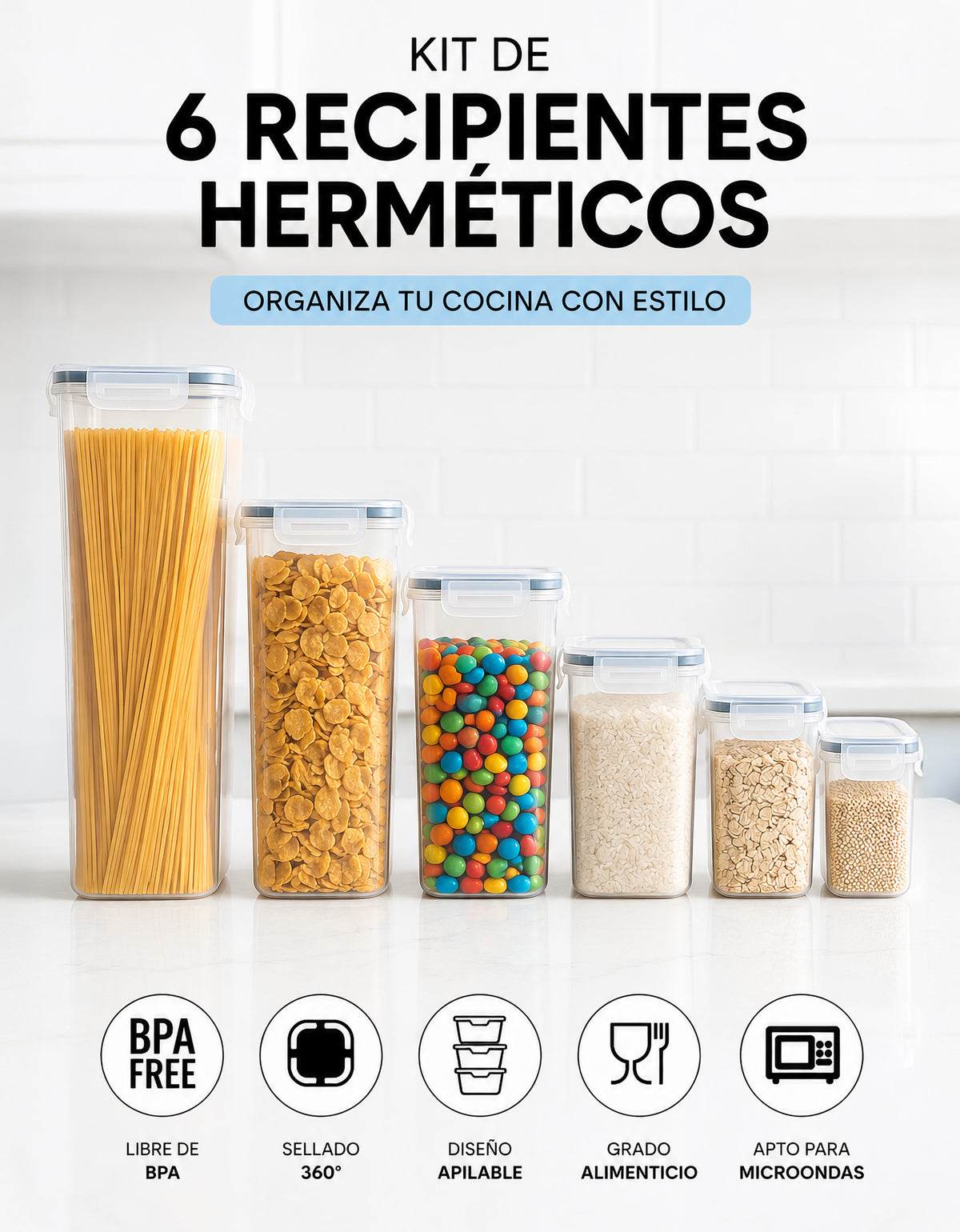 Set de 6 Contenedores Herméticos para Despensa · Cereal, Pasta y Granos · Libres de BPA