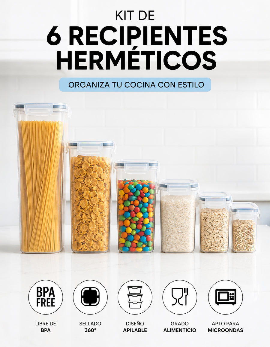 Set de 6 Contenedores Herméticos para Despensa · Cereal, Pasta y Granos · Libres de BPA