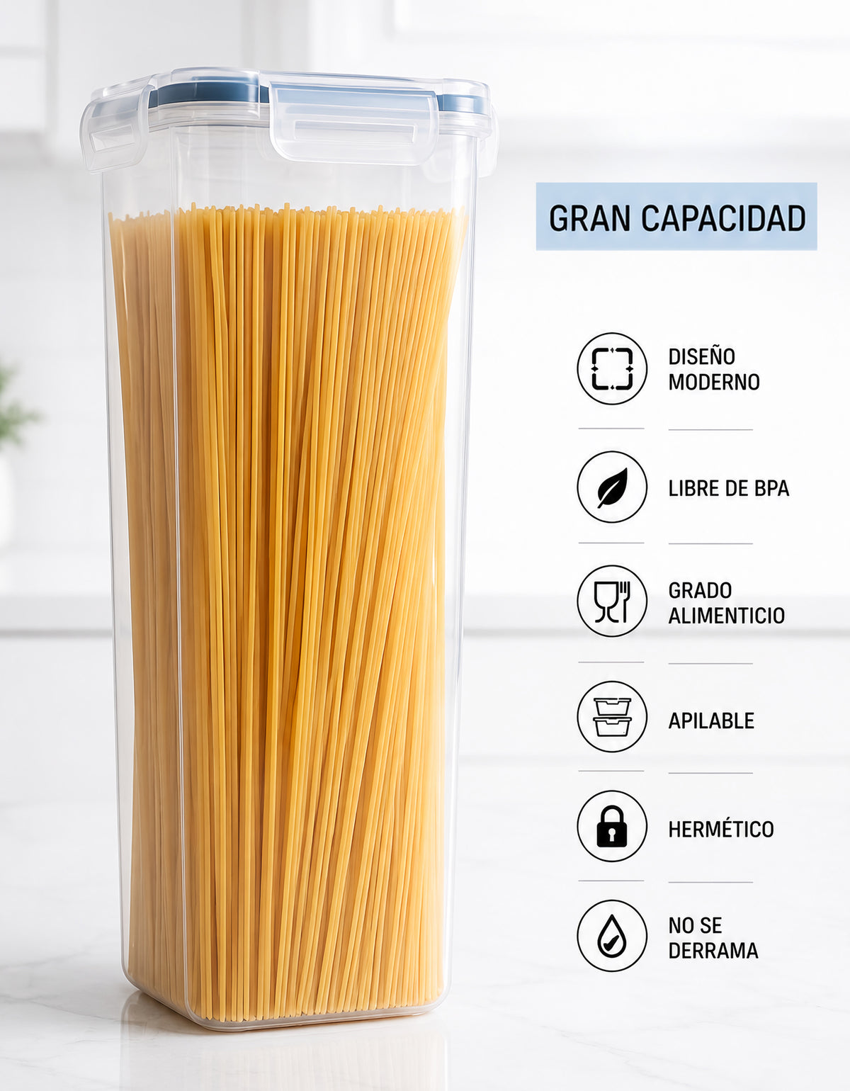 Set de 6 Contenedores Herméticos para Despensa · Cereal, Pasta y Granos · Libres de BPA
