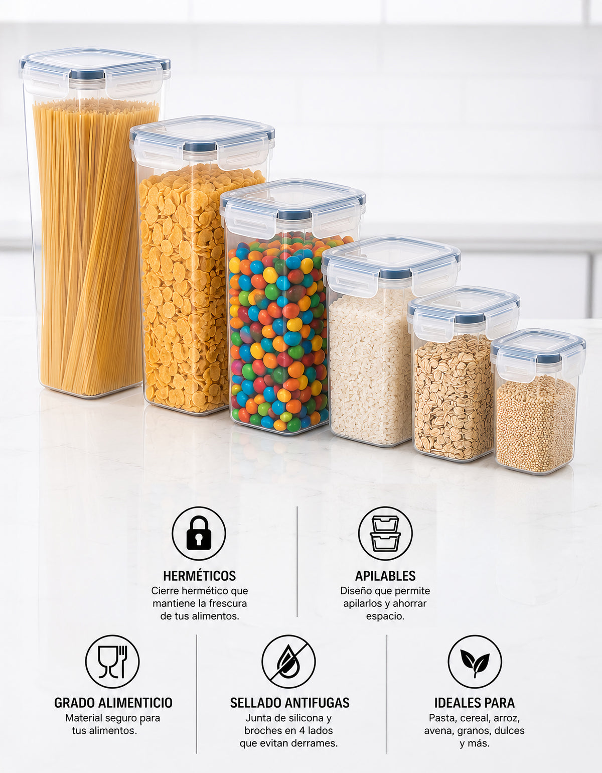 Set de 6 Contenedores Herméticos para Despensa · Cereal, Pasta y Granos · Libres de BPA