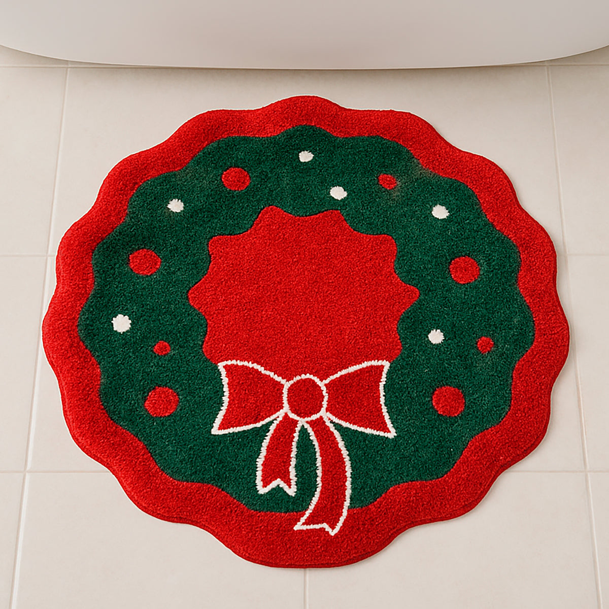 Tapete Navideño Corona 55 × 55 cm Chenille Rojo y Verde