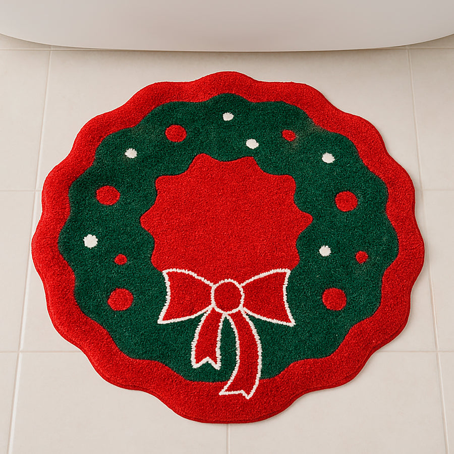 Tapete Navideño Corona 55 × 55 cm Chenille Rojo y Verde