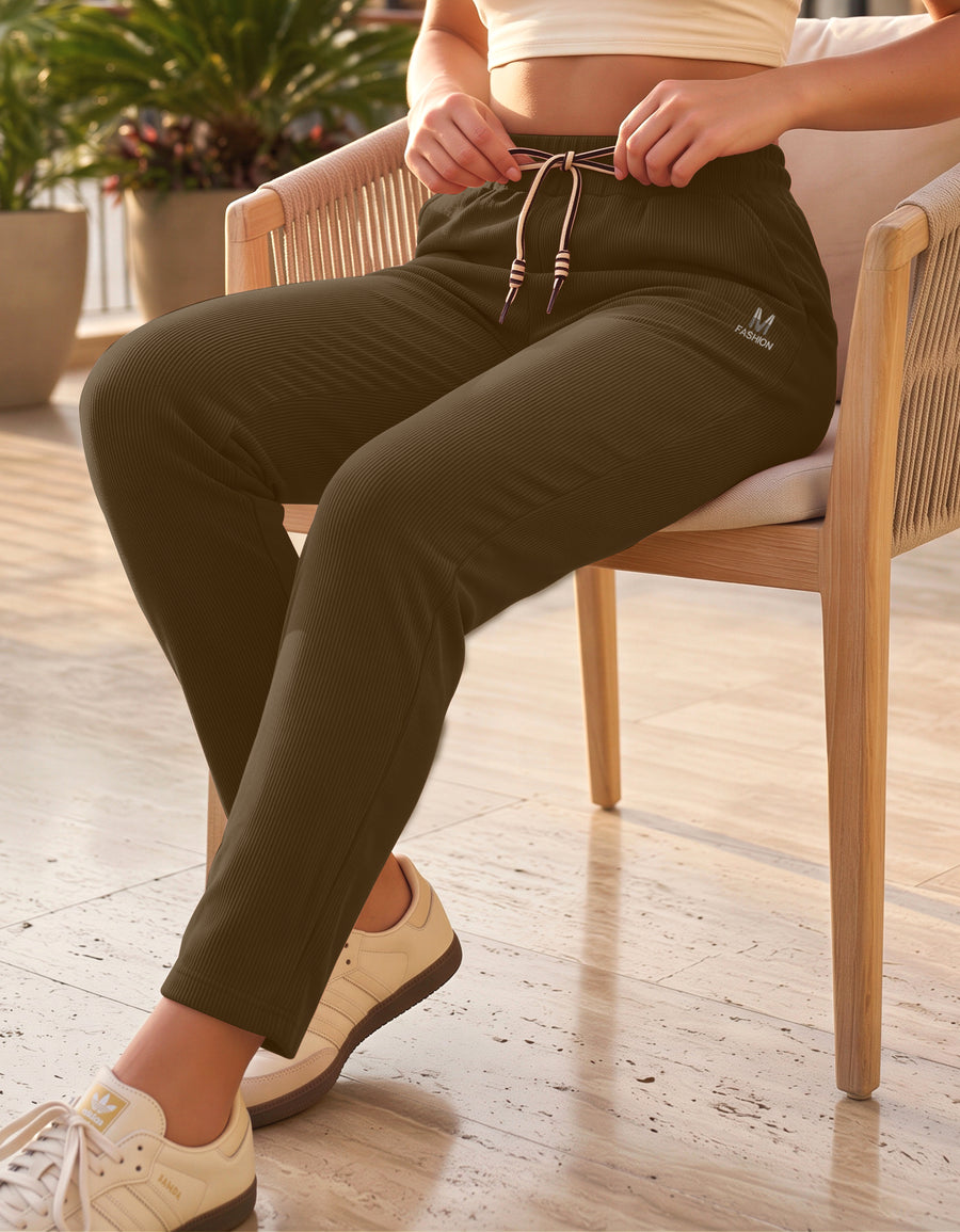 Pantalón de Pana Mujer Recto Cintura Alta con Cordón y Bolsillos color Café
