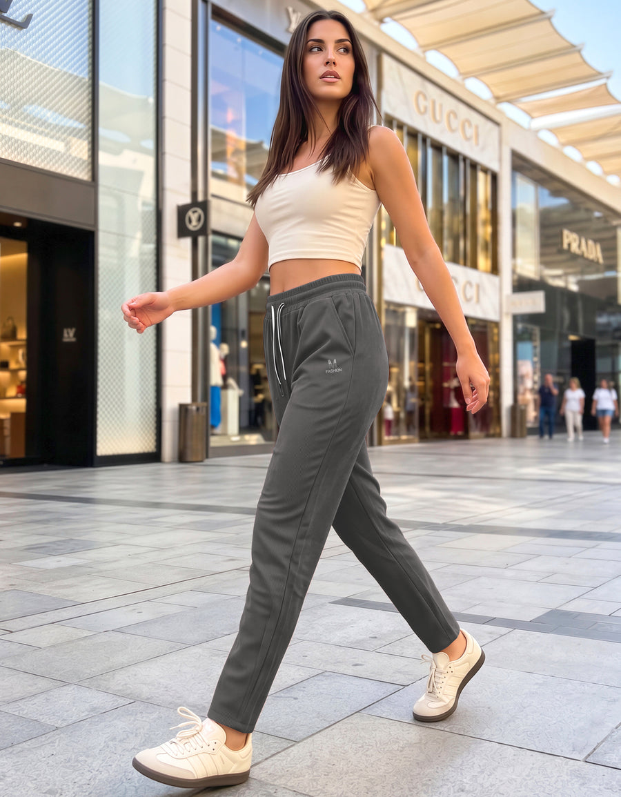 Pantalón de Pana Mujer Recto Cintura Alta con Cordón y Bolsillos color Gris