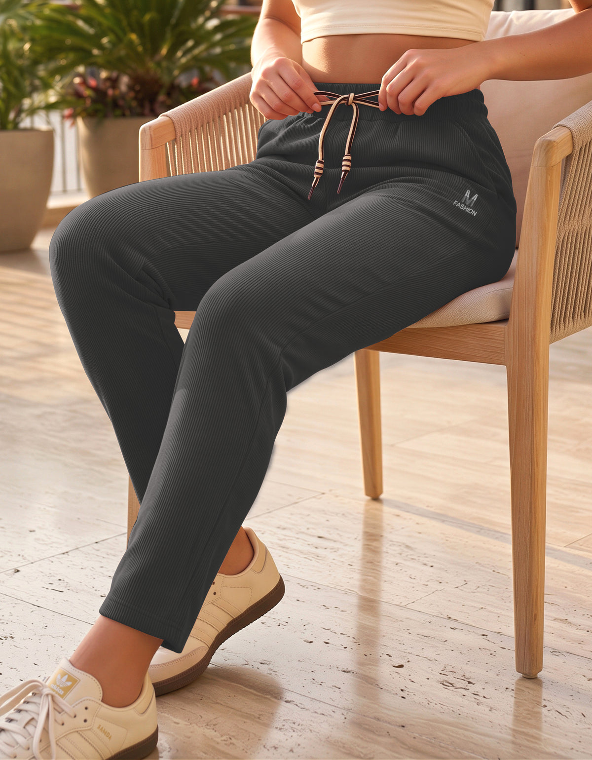 Pantalón de Pana Mujer Recto Cintura Alta con Cordón y Bolsillos color Gris