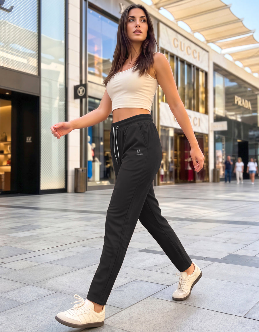 Pantalón de Pana Mujer Recto Cintura Alta con Cordón y Bolsillos color Negro