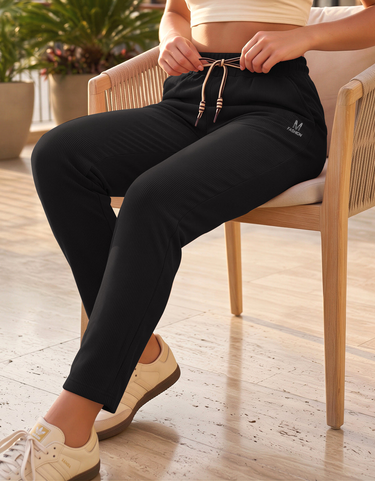 Pantalón de Pana Mujer Recto Cintura Alta con Cordón y Bolsillos color Negro