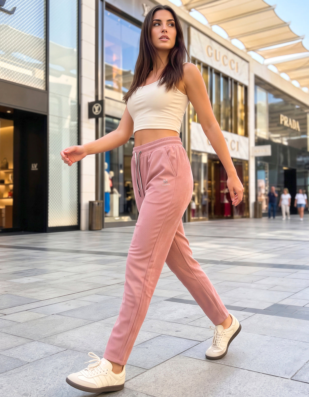 Pantalón de Pana Mujer Recto Cintura Alta con Cordón y Bolsillos color Rosa