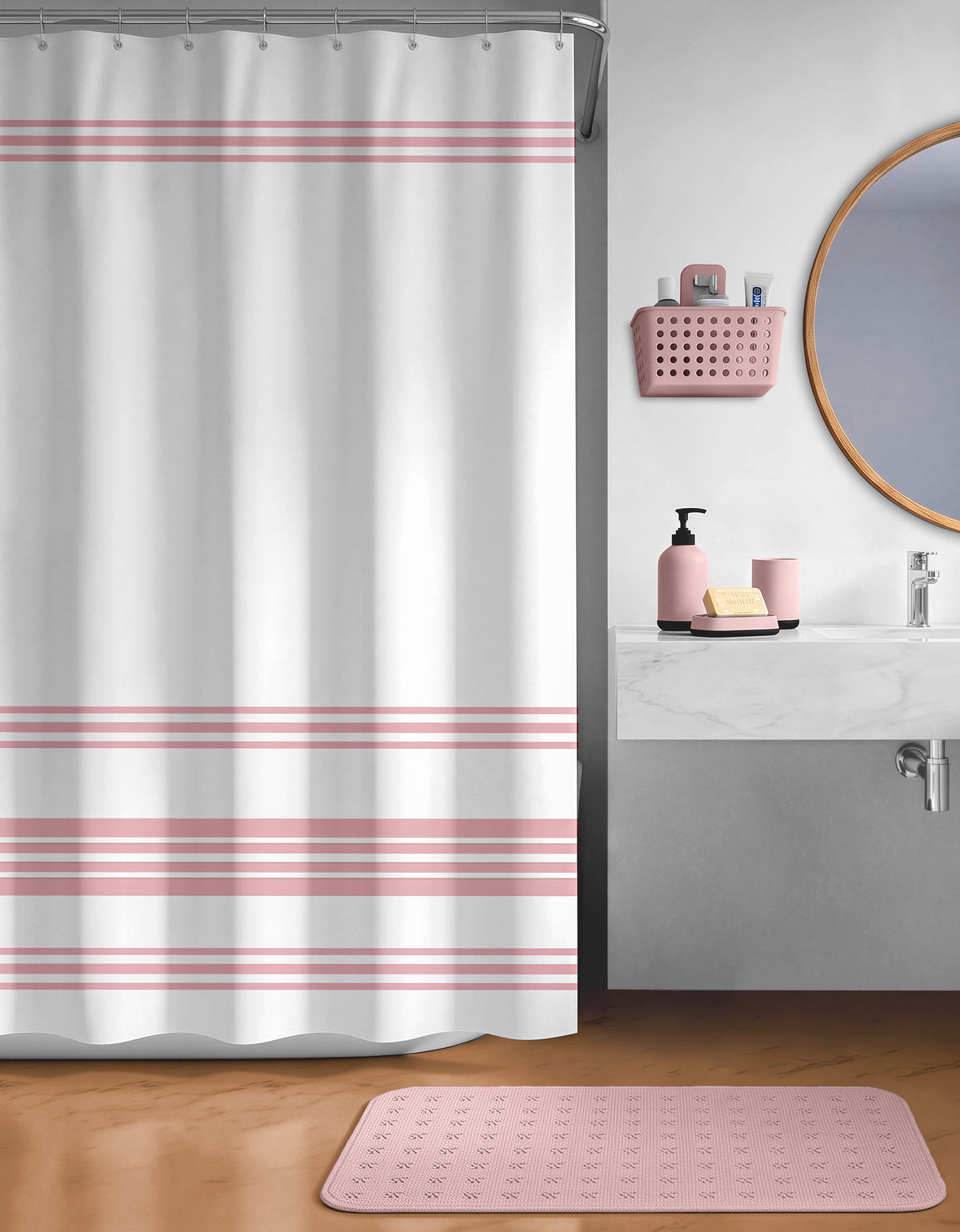 Set de Baño 6 Piezas Rosa · Cortina, Tapete, Organizador, Dispensador, Vaso y Jabonera